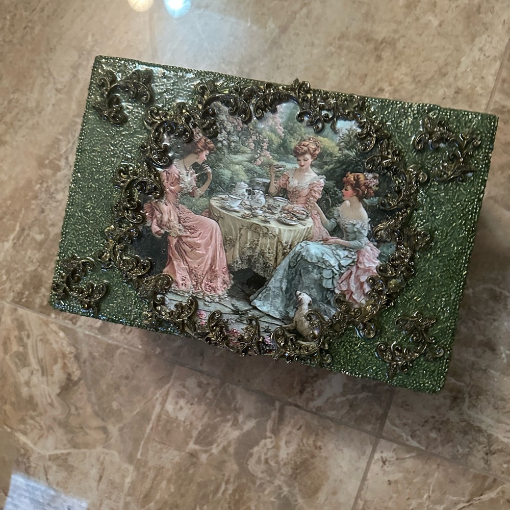 Vintage Green Decorative Box with Victorian Scene